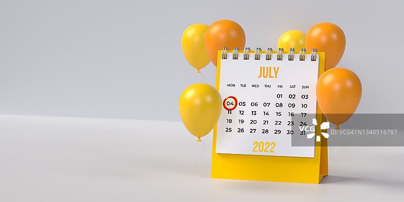 黄色7月4日独立日气球桌面日历图片素材