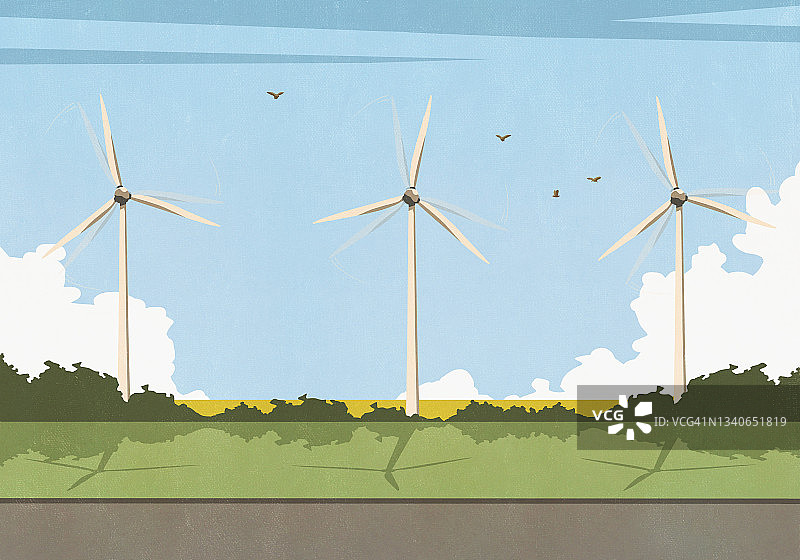 阳光明媚的田园风光中旋转的风力涡轮机图片素材