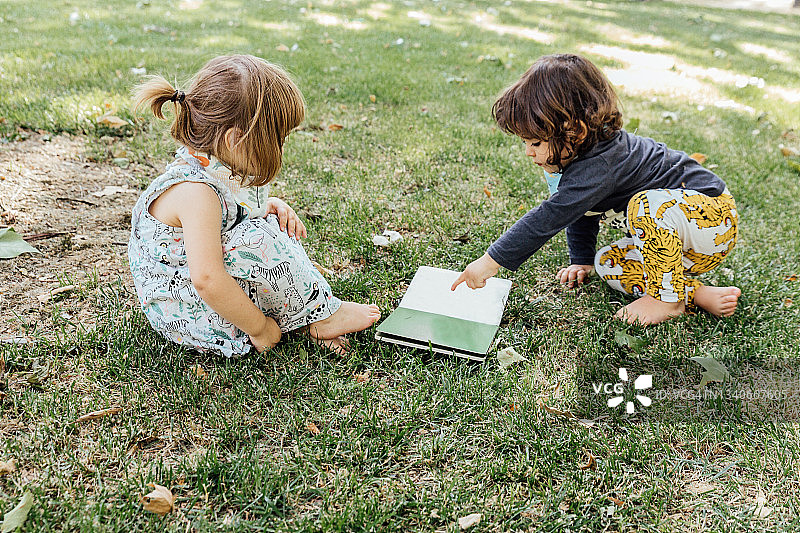 可爱的弟弟妹妹坐在公园的草地上一起读书的侧面照图片素材