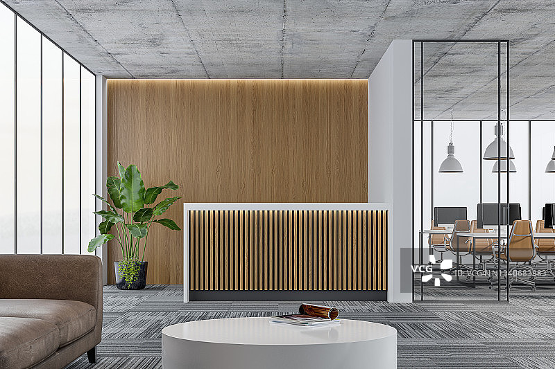 大型办公室内部：接待台、带复制空间的休息区以及玻璃门后的工作区图片素材