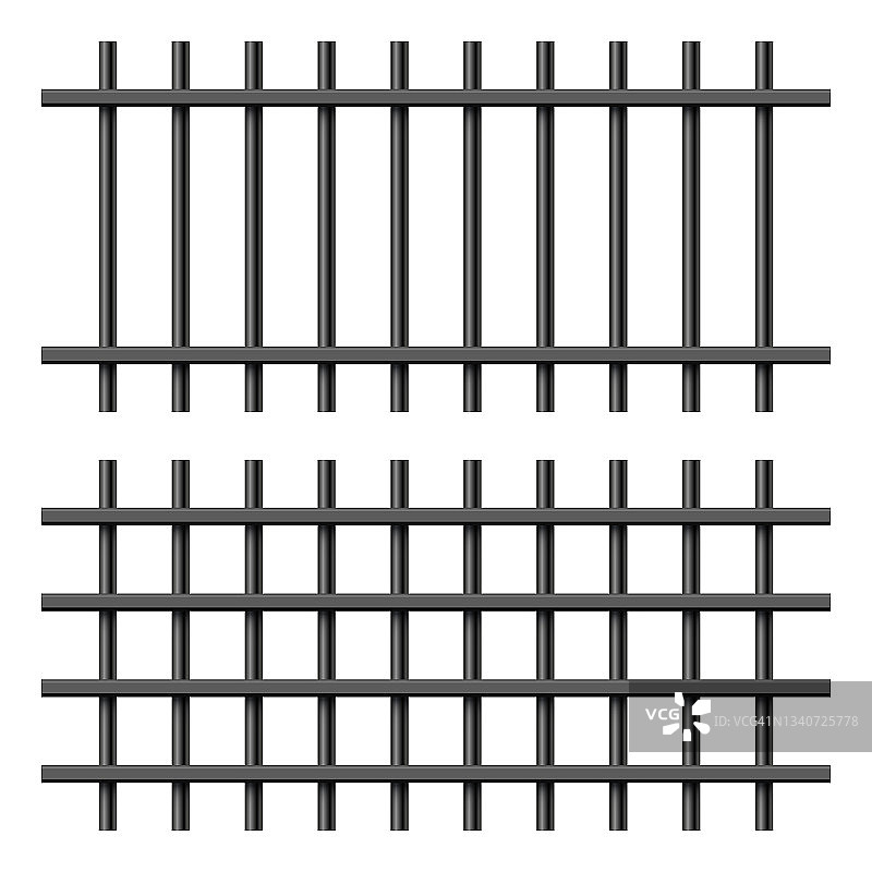 白色背景上的黑色金属监狱栏杆：监狱铁栅栏、犯罪背景模型创意矢量图图片素材