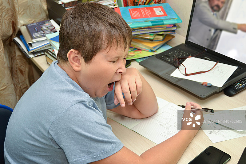 在家通过在线视频课程与老师一起学习的学童图片素材