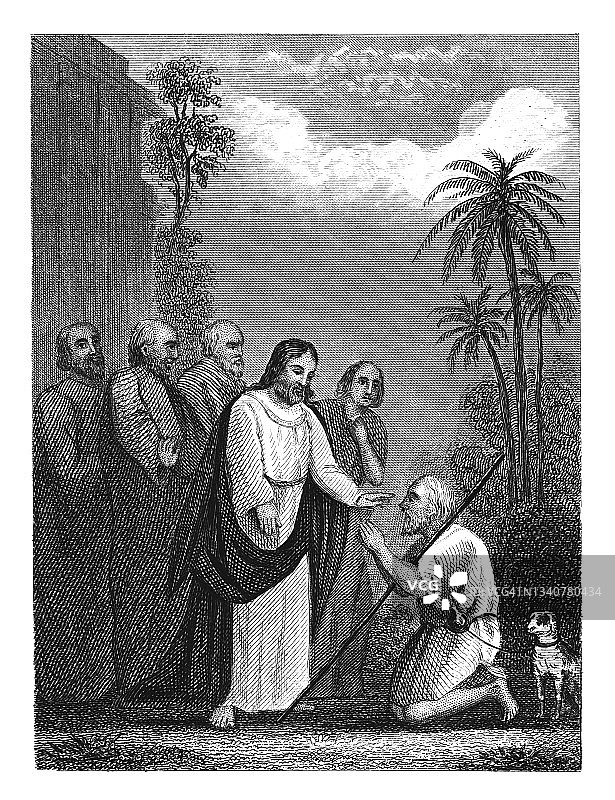 基督使盲人重见光明老式雕刻插图图片素材