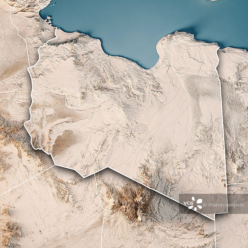 利比亚3D地形渲染地图（中性边界）图片素材