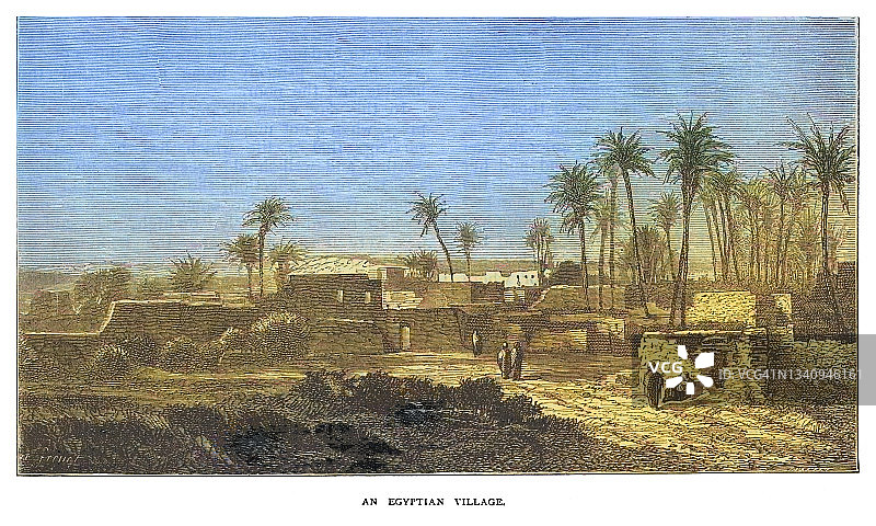 埃及村庄老式雕刻插图图片素材