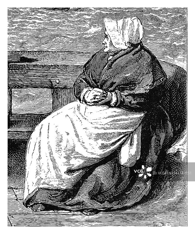 坐着休息的年长妇女古老雕刻插图图片素材