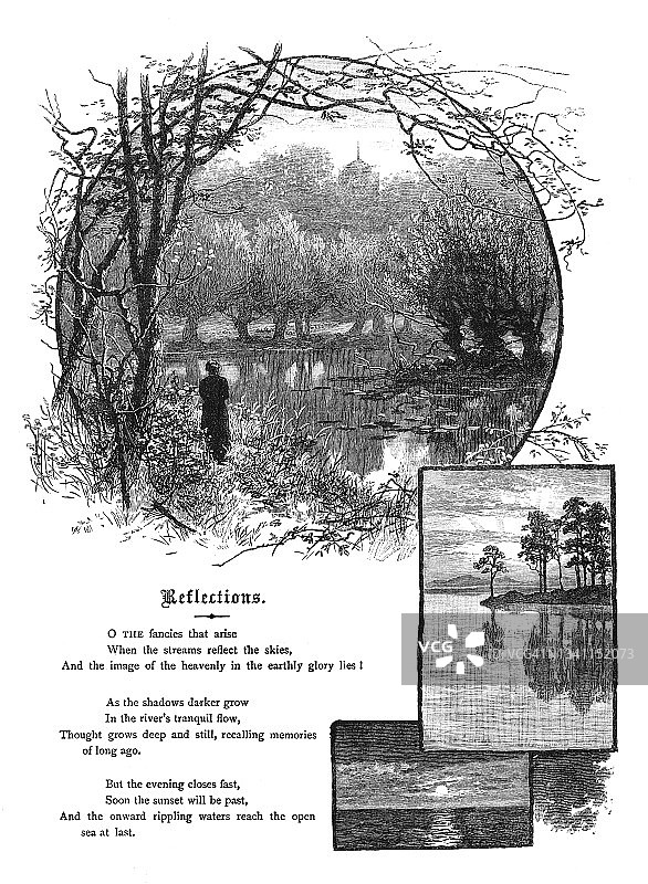 诗歌“倒影”装饰画框老式版画插图图片素材