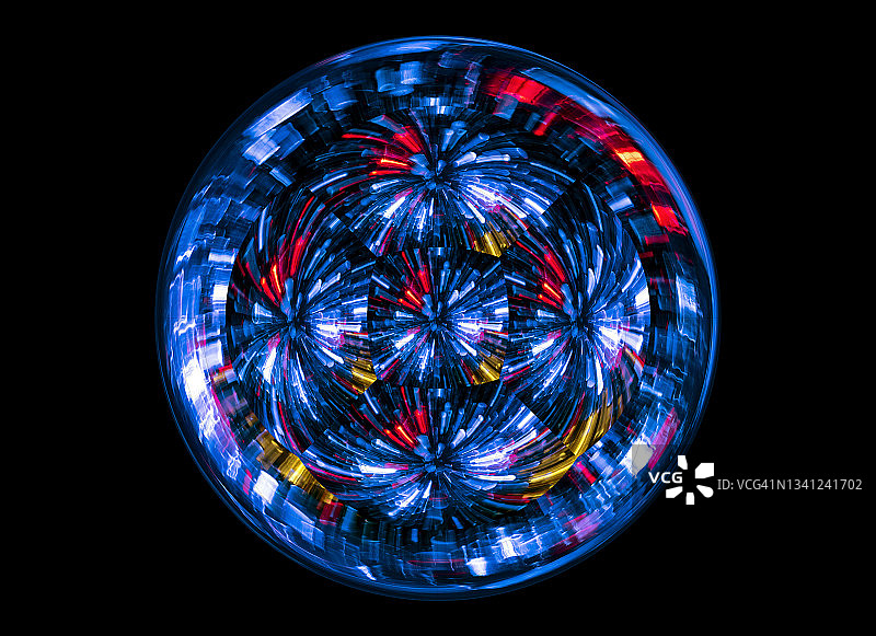 黑色背景上带有彩色灯光的球体几何图形图片素材