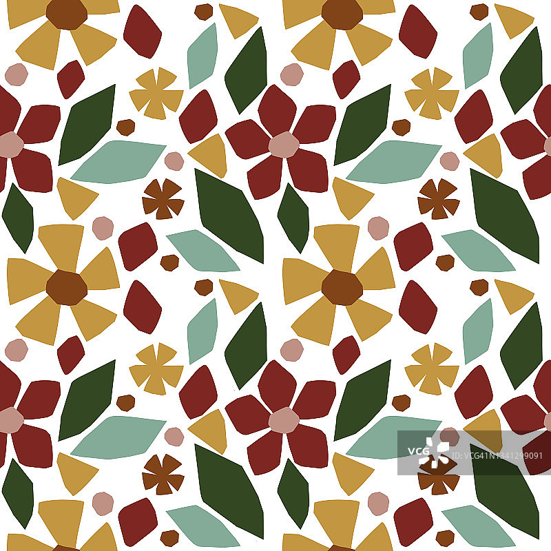 剪纸风格无缝花卉图案：白色背景上的黄色和红色花朵图片素材