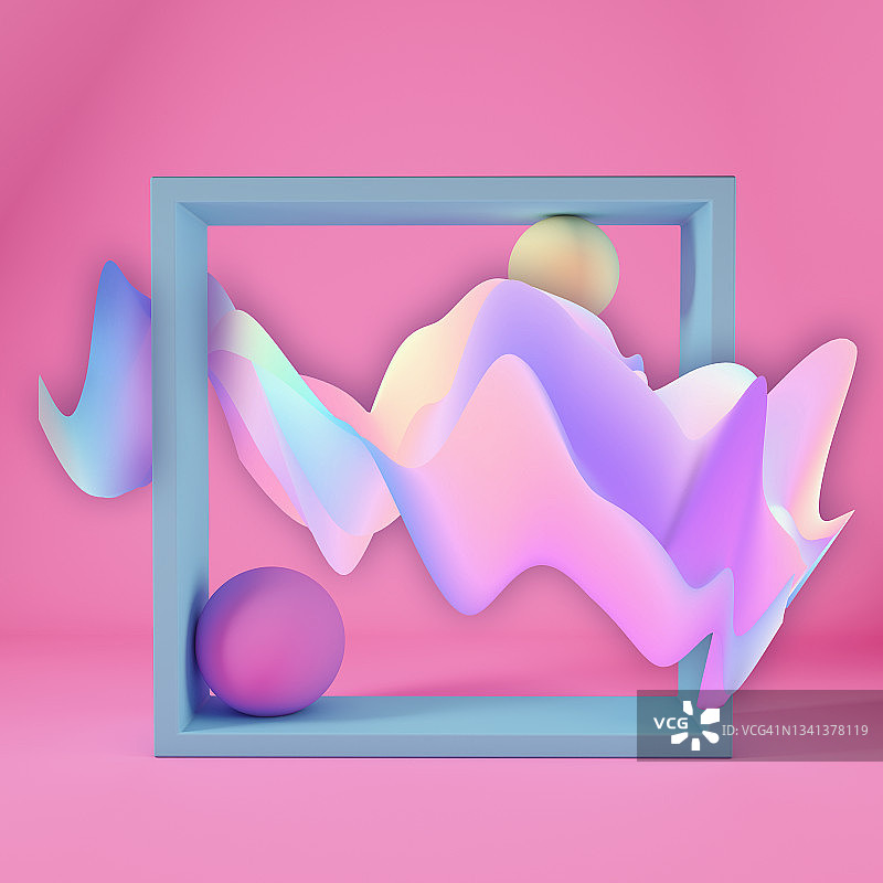 3D渲染：球体几何造型与曲线箔片波浪背景的方形框架，抽象的极简主义粉色背景图片素材
