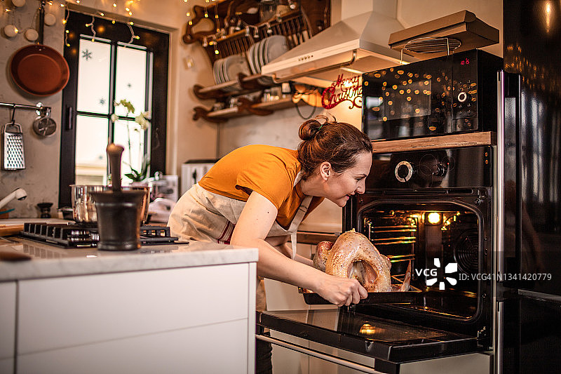 在烤箱里烤火鸡图片素材