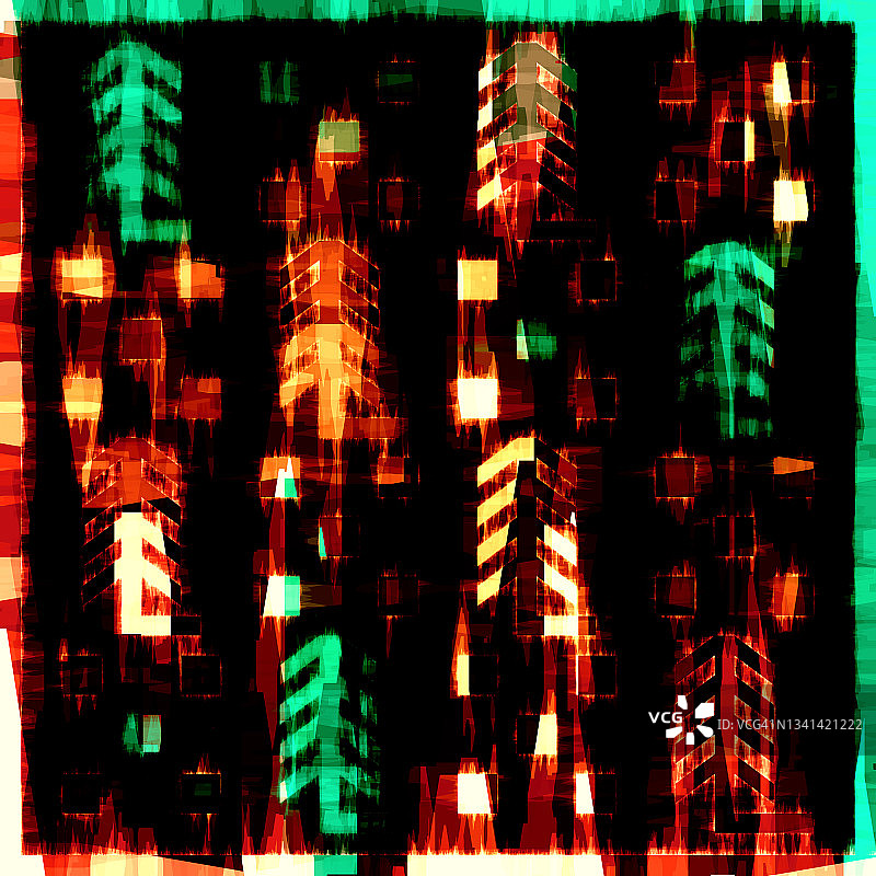 冷杉树拼布图案与木制扭曲的冷杉树在火中。斯堪的纳维亚Hygge风格纹理背景冷杉树。黑色背景上的柴火符号图标图片素材