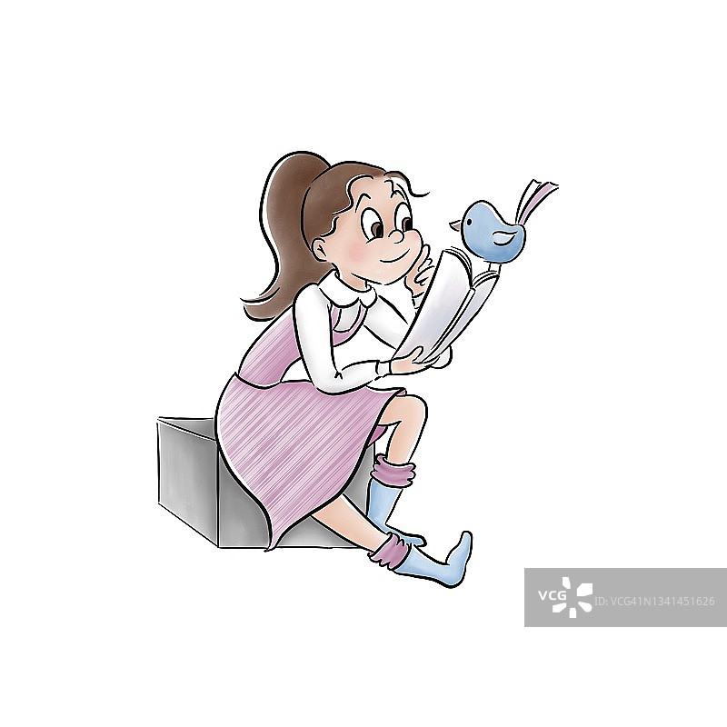 穿着连衣裙的黑发女孩坐在方块上读书，书上有鸟图片素材