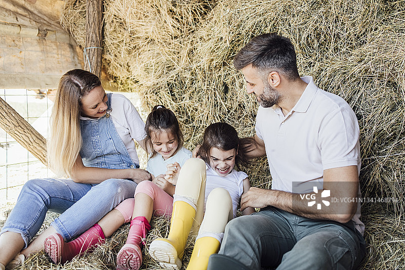 两个女孩和父母在干草地上玩耍图片素材
