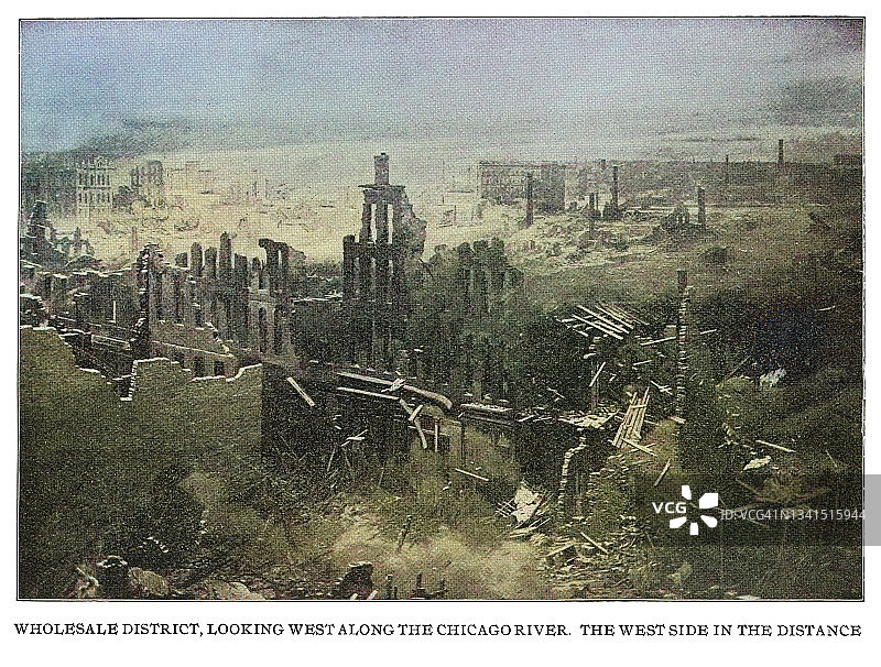 芝加哥大火旧插画（1871年10月8日至10日）：沿芝加哥河向西望去的批发区图片素材