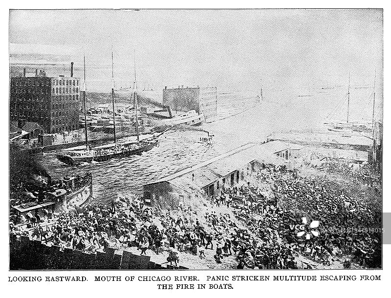 芝加哥大火旧插图：人们乘船逃离图片素材