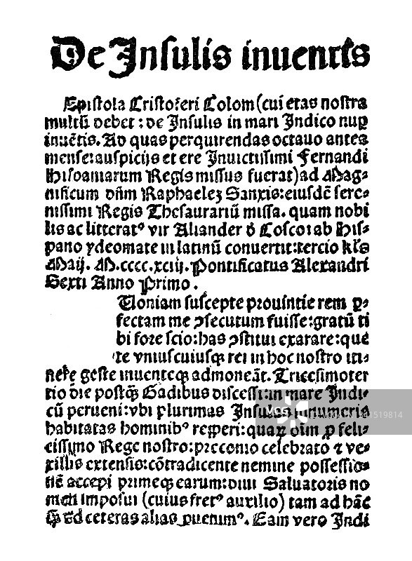 克里斯托弗·哥伦布关于在印度海新发现岛屿的信件古老雕刻插图图片素材