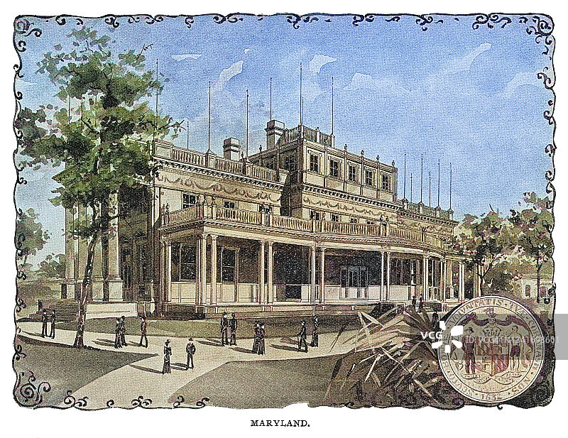 1893年芝加哥哥伦布博览会上马里兰州展馆的古老雕刻插图图片素材