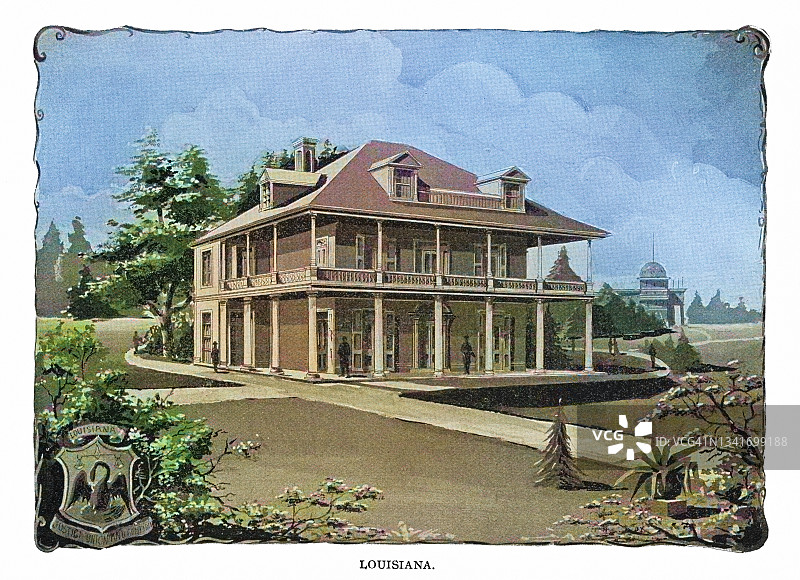 哥伦比亚博览会上路易斯安那州建筑的古老雕刻插图图片素材