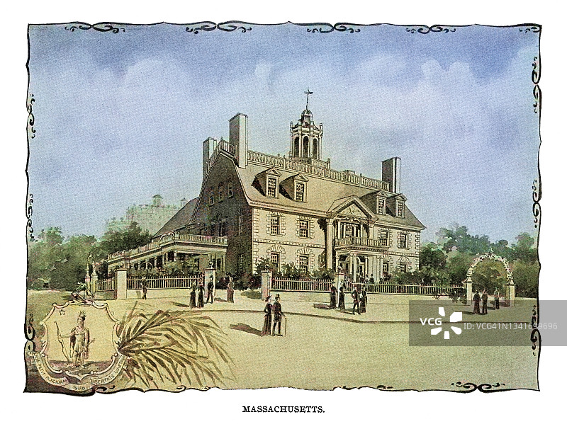 哥伦布博览会马萨诸塞州大楼古老雕刻插图，仿波士顿汉考克大厦图片素材