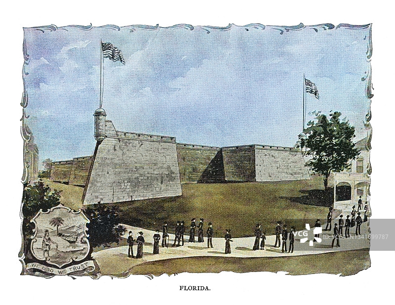 哥伦比亚博览会佛罗里达州建筑（马里昂堡）复古版画插图图片素材