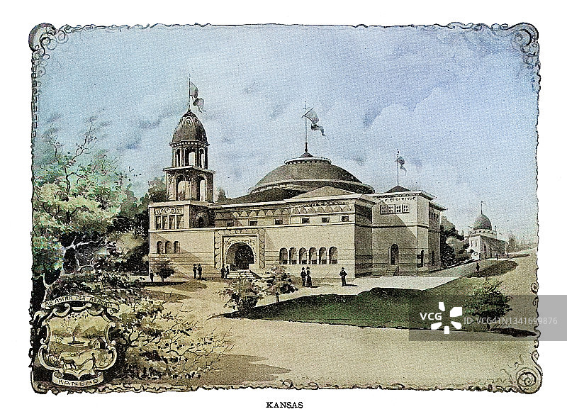 哥伦比亚博览会堪萨斯州大楼雕刻插画图片素材