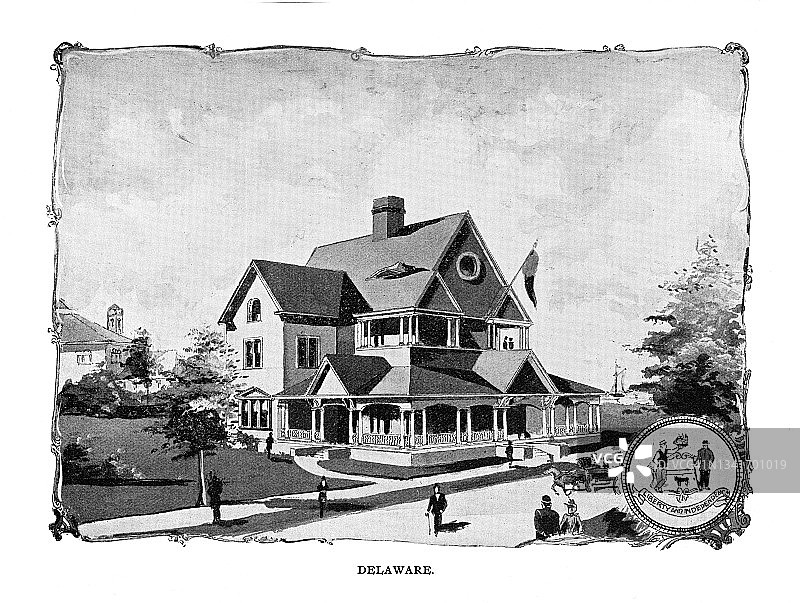 哥伦比亚博览会特拉华州政府大楼古版画图片素材