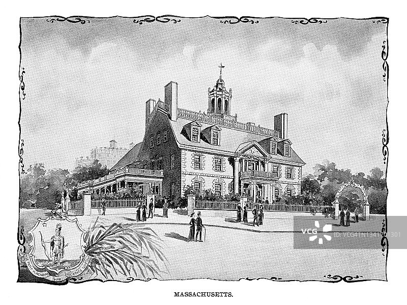 哥伦布博览会马萨诸塞州大楼古老雕刻插图，仿波士顿汉考克大厦图片素材
