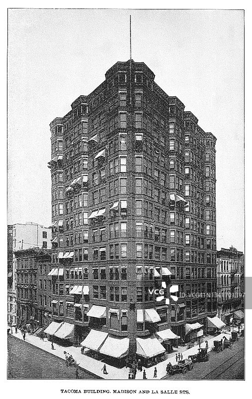 芝加哥麦迪逊和拉萨尔街塔科马大厦的古老雕刻插图图片素材