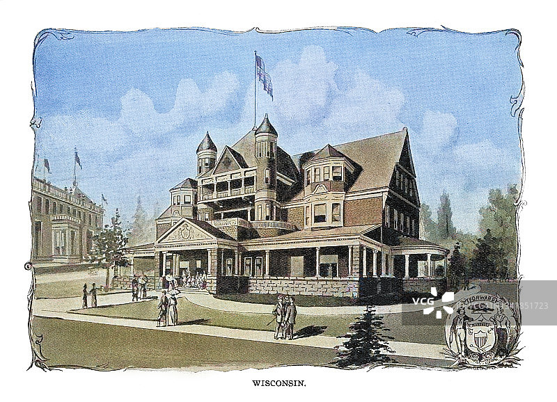 1893年芝加哥哥伦布博览会威斯康星州大楼古董版画图片素材
