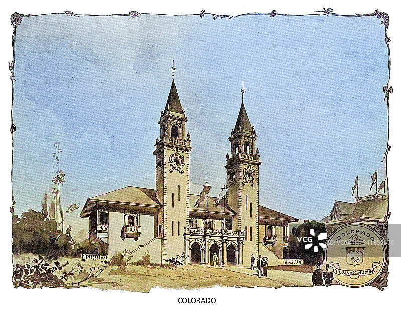 1893年芝加哥哥伦布博览会科罗拉多州大楼老式版画插图图片素材