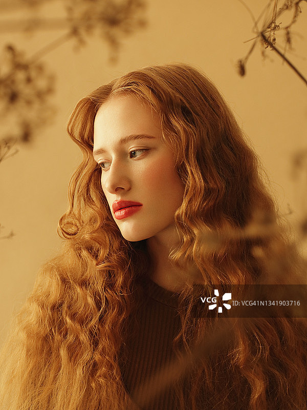美丽的年轻红发女子和干燥的植物图片素材