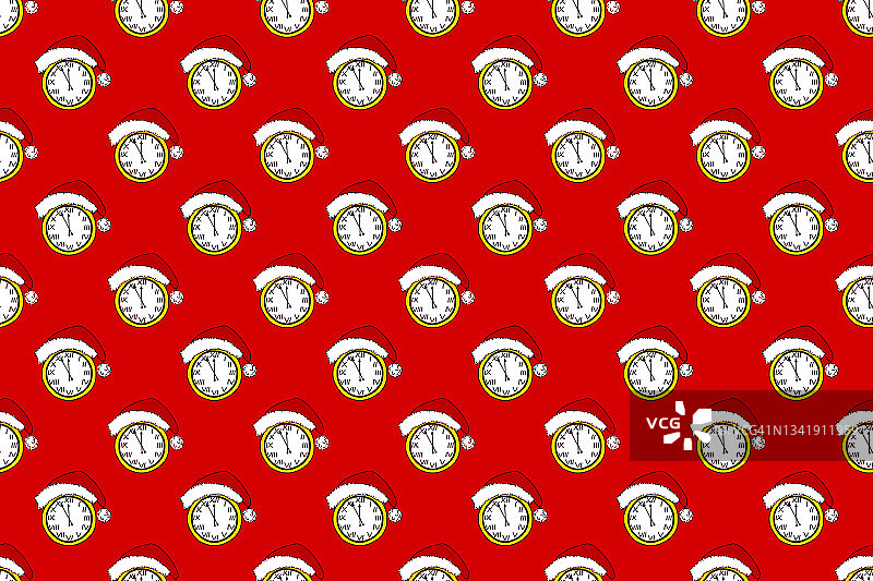 复古手表的表盘在除夕夜设置为十二点。圣诞老人帽子中的圣诞时钟，红色背景。指针设置为新年前五分钟。无缝图案。节日包装纸模板。图片素材