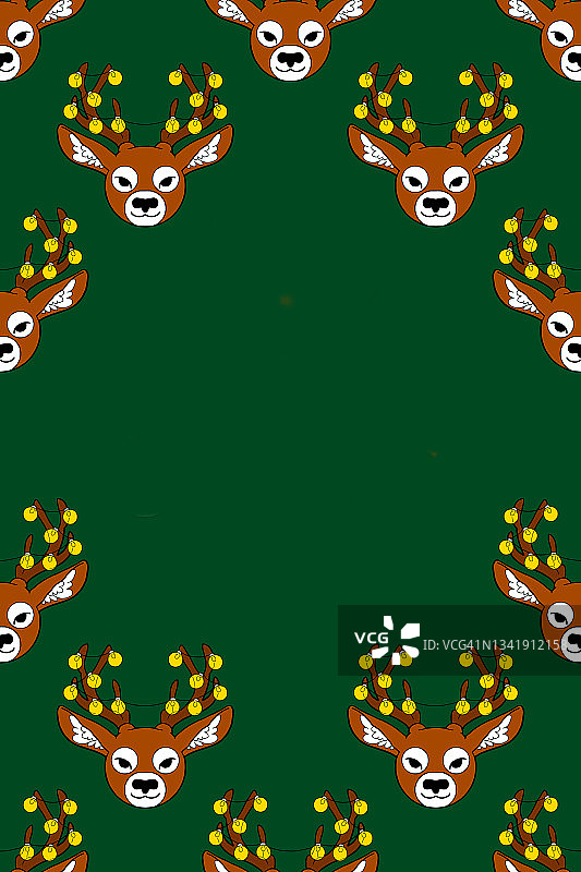 童话般的鹿头，背景是绿色的节日，带有圣诞发光和闪烁的金色花环、装饰灯和灯光。无缝图案。快乐圣诞节的概念。礼品盒包装纸的设计和图案。图片素材