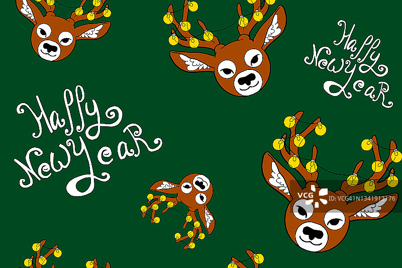 童话般的鹿头，绿色节日背景，圣诞金色花环和灯光。无缝图案。圣诞快乐新年快乐的概念和祝福。礼品盒包装纸设计图案。图片素材