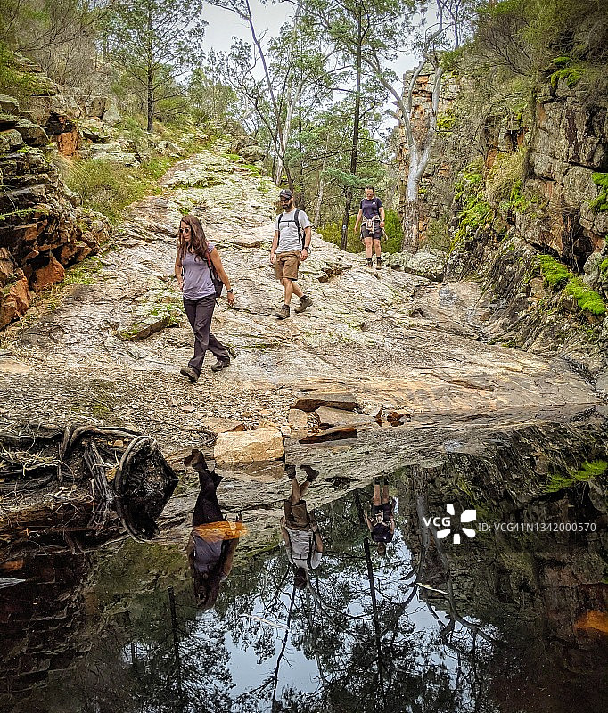 在南澳大利亚卓越山国家公园隐藏峡谷小径上的一群徒步旅行者图片素材