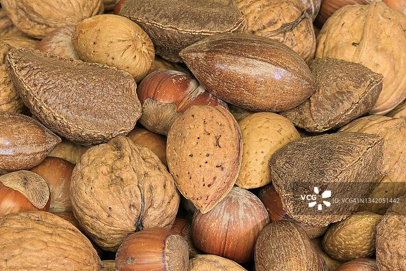混合坚果:杏树、榛子、波斯核桃、巴西坚果、美洲山核桃,带壳和去壳,德国图片素材