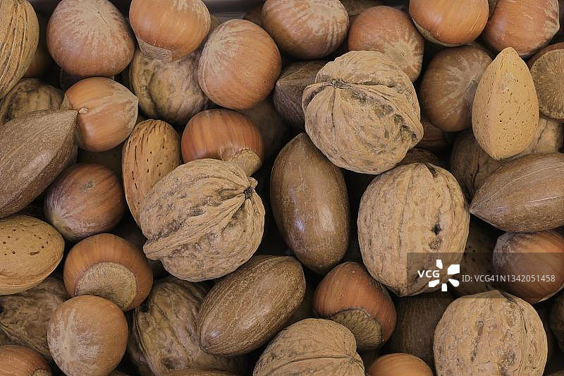 混合坚果：杏仁树、榛子、波斯核桃、美洲山核桃图片素材