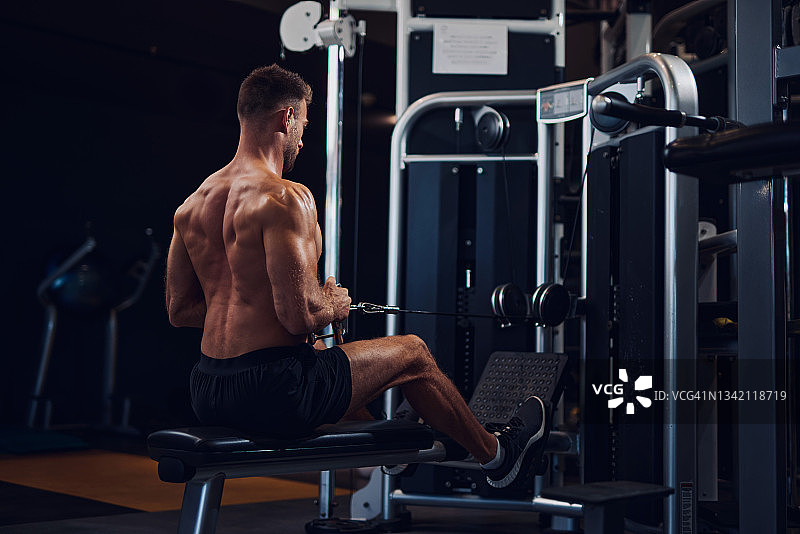 在坐姿划船器上锻炼的健壮男人图片素材