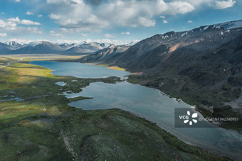 吉尔吉斯斯坦天山山脉湖泊的航拍景观图片素材