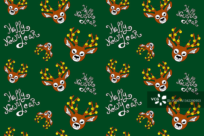 童话般的鹿头，绿色节日背景，圣诞金色花环和灯光。无缝图案。圣诞快乐新年快乐的概念和祝福。礼品盒包装纸设计图案。图片素材