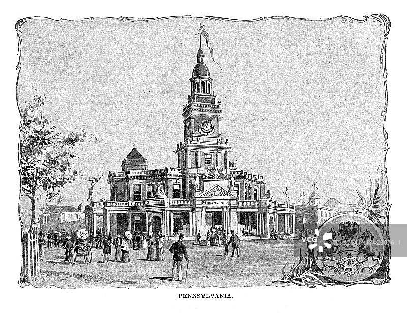 芝加哥哥伦布博览会宾夕法尼亚州大楼的古老插图 - 1893年图片素材