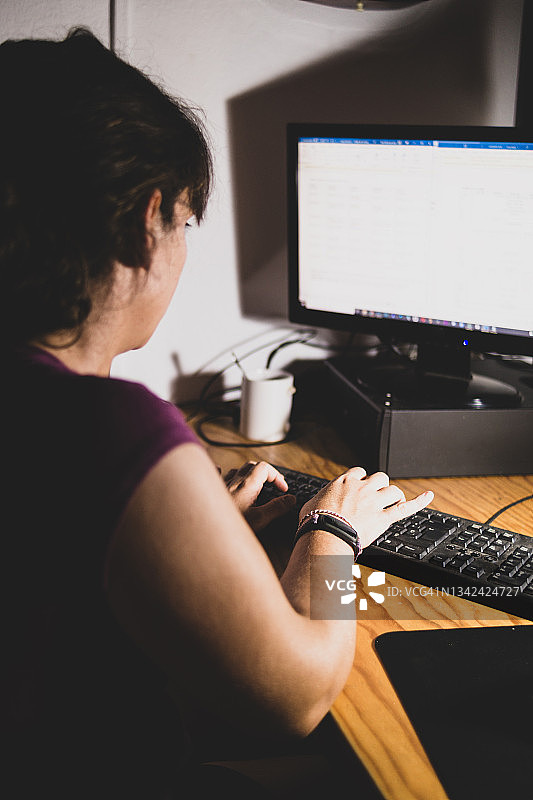 在家晚上用电脑工作的年轻女人图片素材
