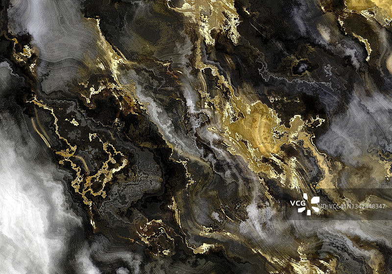 白色黑色水彩大理石纹理背景上的抽象金色波浪图片素材