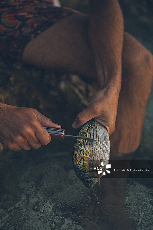 年轻人清理在海滩上捕获的鲜鱼图片素材