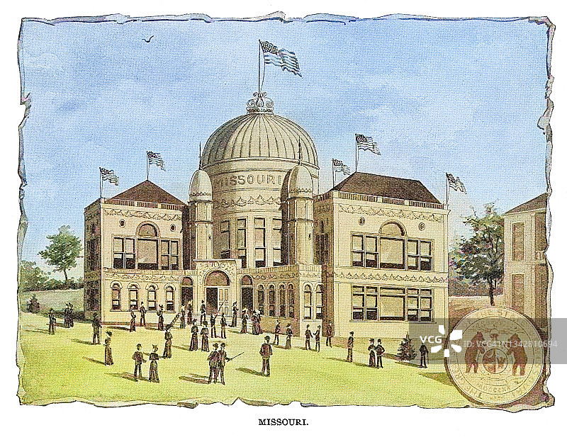 1893年芝加哥哥伦布博览会密苏里州建筑古版画插图图片素材