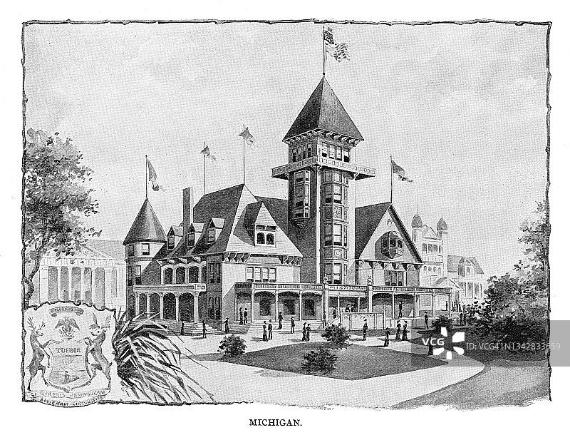 1893年芝加哥哥伦布博览会密歇根州大厦古老雕刻插图图片素材