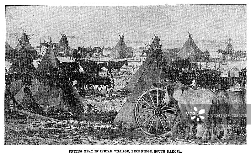 印第安村庄晾晒肉干场景老式雕刻插图，南达科他州松岭图片素材