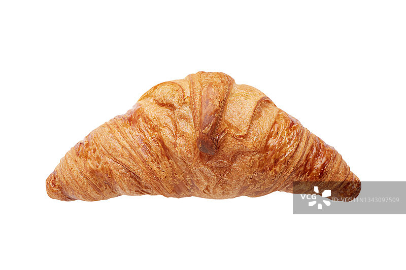 新鲜酥脆牛角面包，白色背景。图片素材