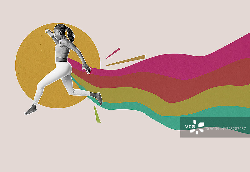 充满活力的瑜伽女性彩虹跳跃拼贴图片素材